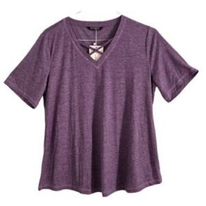 BLOOMCHIC Women's Purple V-Neck Criss Cross Pullover Short Sleeve Blouse Size 10